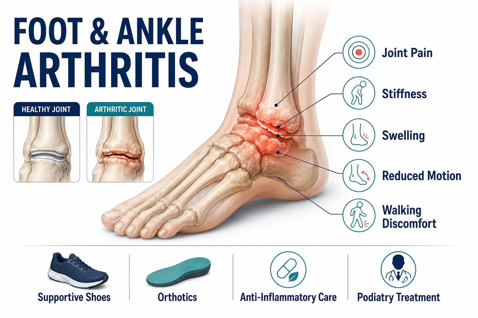Foot and ankle arthritis infographic showing joint pain, stiffness, swelling, limited motion, and support options