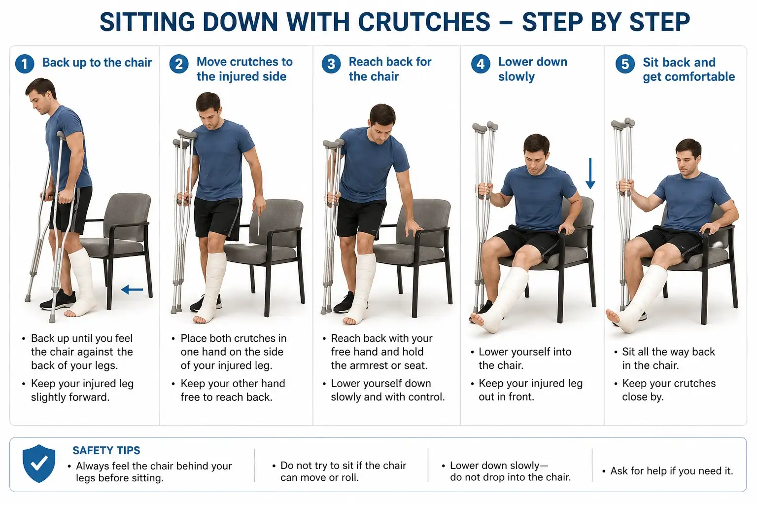 Patient sitting down safely with crutches