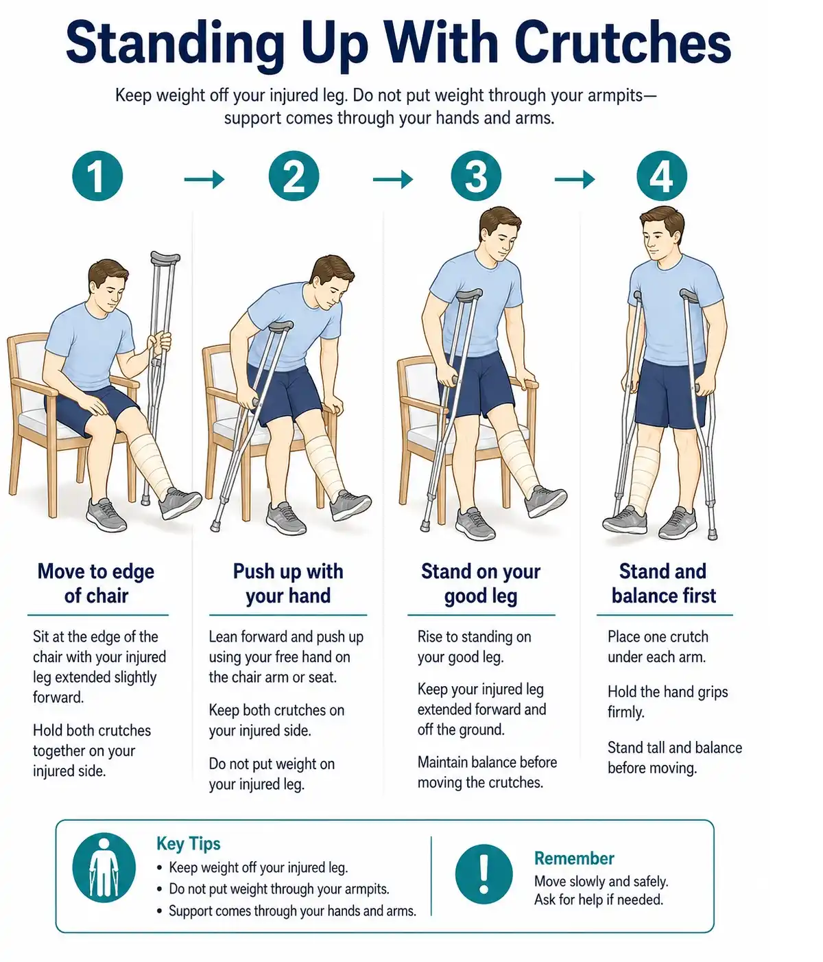 Patient standing up safely from a chair with crutches