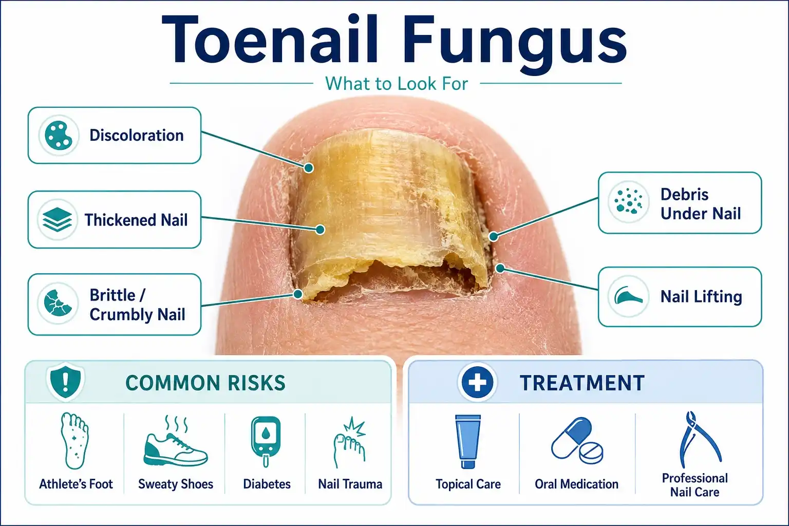Toenail fungus infographic showing thick yellow discolored nails, brittle edges, nail lifting, and fungal nail symptoms