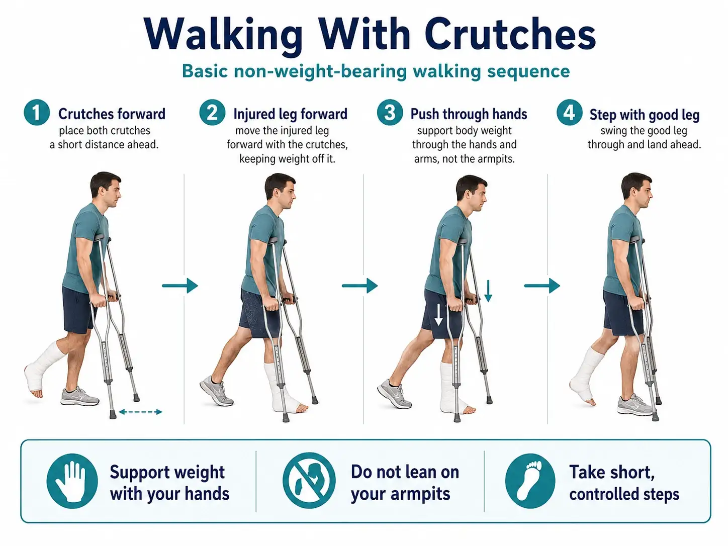 Step-by-step walking sequence with crutches